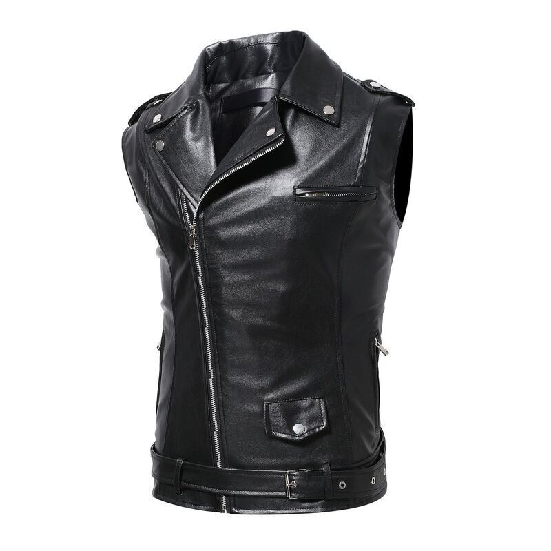 2023 Foreign Trade New Men's Slim Fit Biker Clothing Leather Jacket Vest European and American Slim Fit Cross-border Pu Leather Horse Clip Men