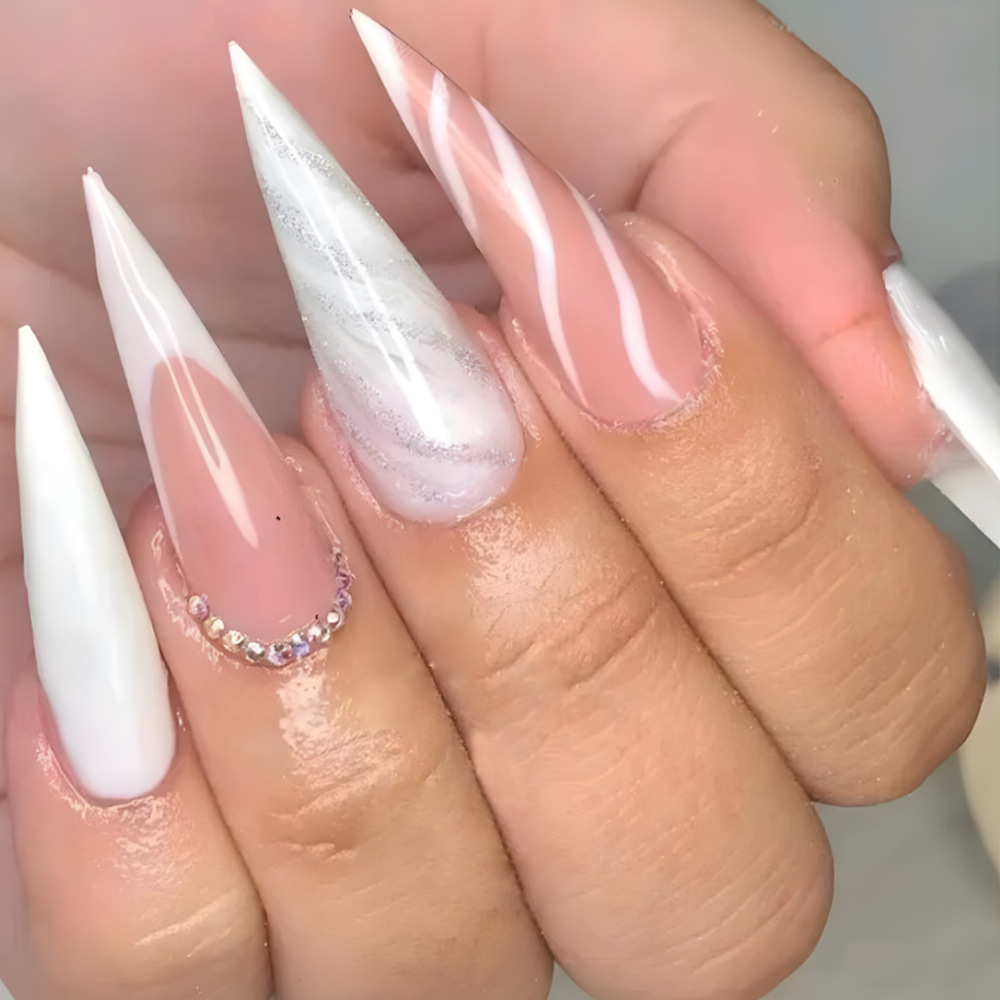 Parches de uñas postizas de moda europea y americana, parches de uñas postizas francesas a cuadros, manicura larga rosa con forma de gota de agua
