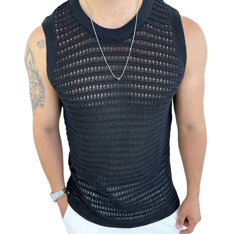 2025 New Men's Sweater Solid Color Slim Fit Sleeveless Hollow Knit Vest Style_voghion.com