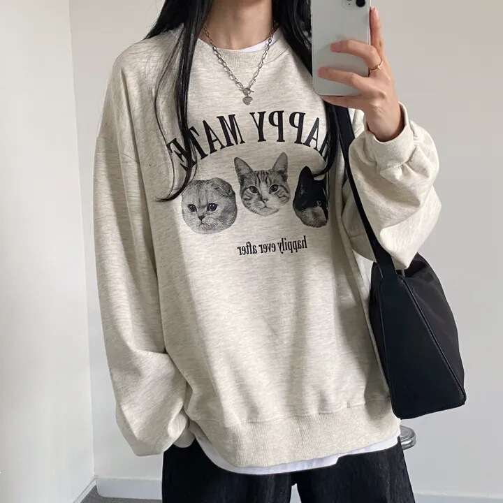 Korean-style loose-fitting sweatshirt for women, suitable for spring, autumn, and winter, casual round-neck pullover, thin and fleece-lined, with a cute cartoon cat design Korean-style loose-fitting sweatshirt for women, suitable for spring, autumn, and winter, casual round-neck pullover, thin and fleece-lined, with a cute cartoon cat design