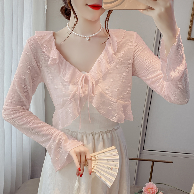 Spot Super Fairy Style Ruffled V Neck Lace Sunscreen Cardigan for Women with Suspender Skirt Thin Shawl Blouse