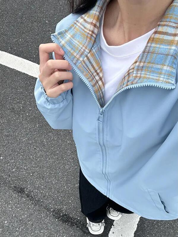 跨境男士格子双面秋季夹克新款百搭潮牌美式立领外套宽松休闲情侣|undefined