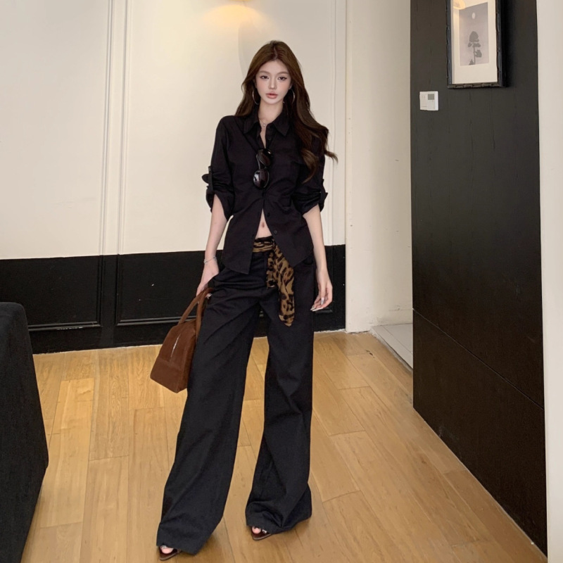 实拍 ！黑色酷飒衬衫长裤套装女chic感长袖上衣休闲阔腿裤潮|undefined