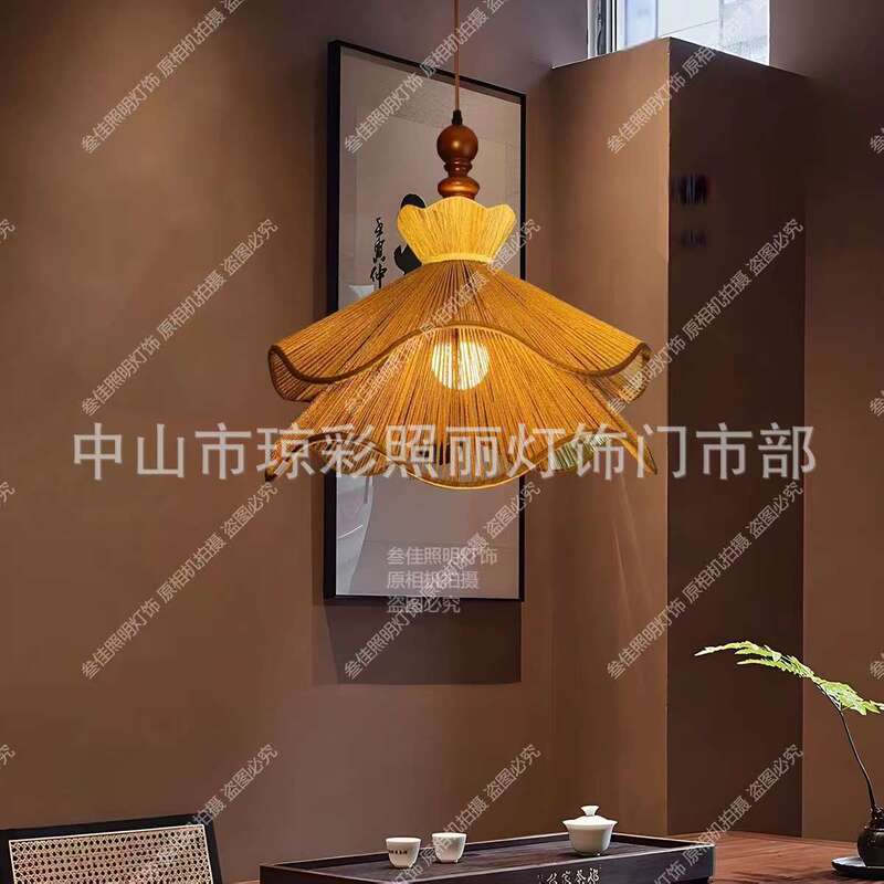 Dining Chandelier Restaurant Hotel B&B Hot Pot Restaurant Dining Table Literary Art Popular Lighting Hemp Rope Moon Rattan Lampshade
