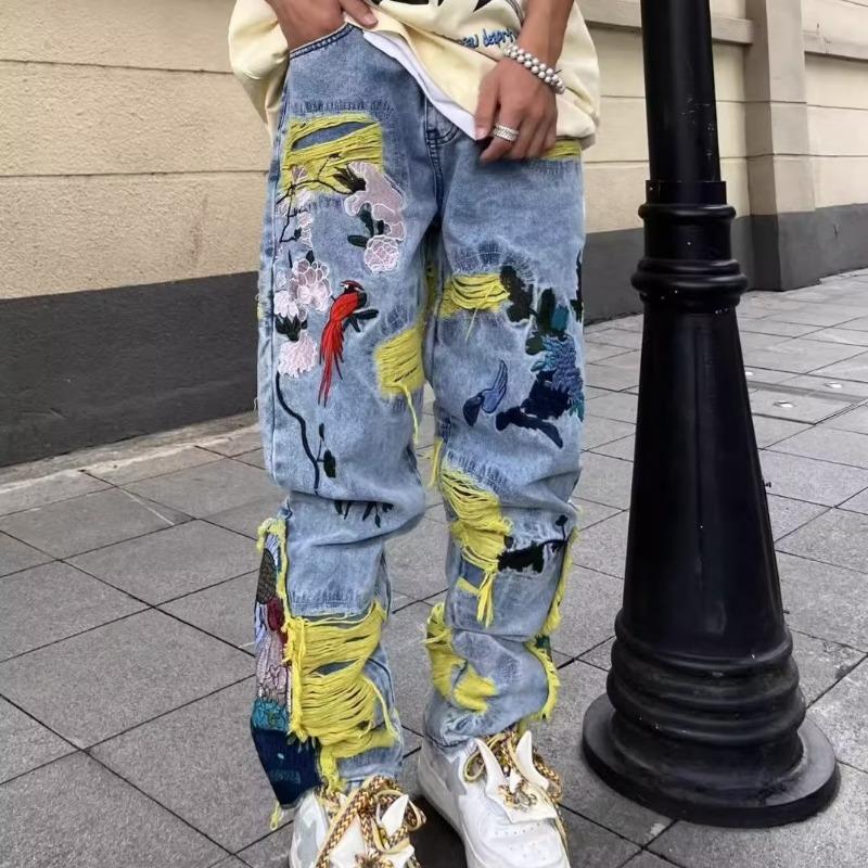 Heavy Embroidered Ripped Jeans American Hong Kong Style Street Fashion for Men And Women mid Waist Straight Pants Blue Long Brushed_voghion.com