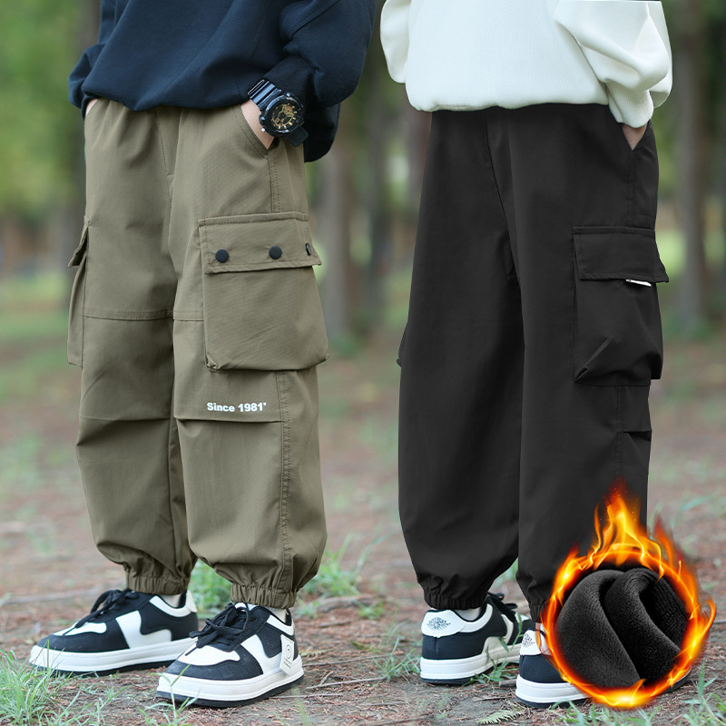 Wholesale children's clothing boys pants 2024 autumn and winter new windproof waterproof pants trendy all-match tooling fleece-lined trousers