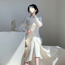 新中式国风改良旗袍白色长袖连衣裙女秋冬清冷感伴娘敬酒礼服长裙