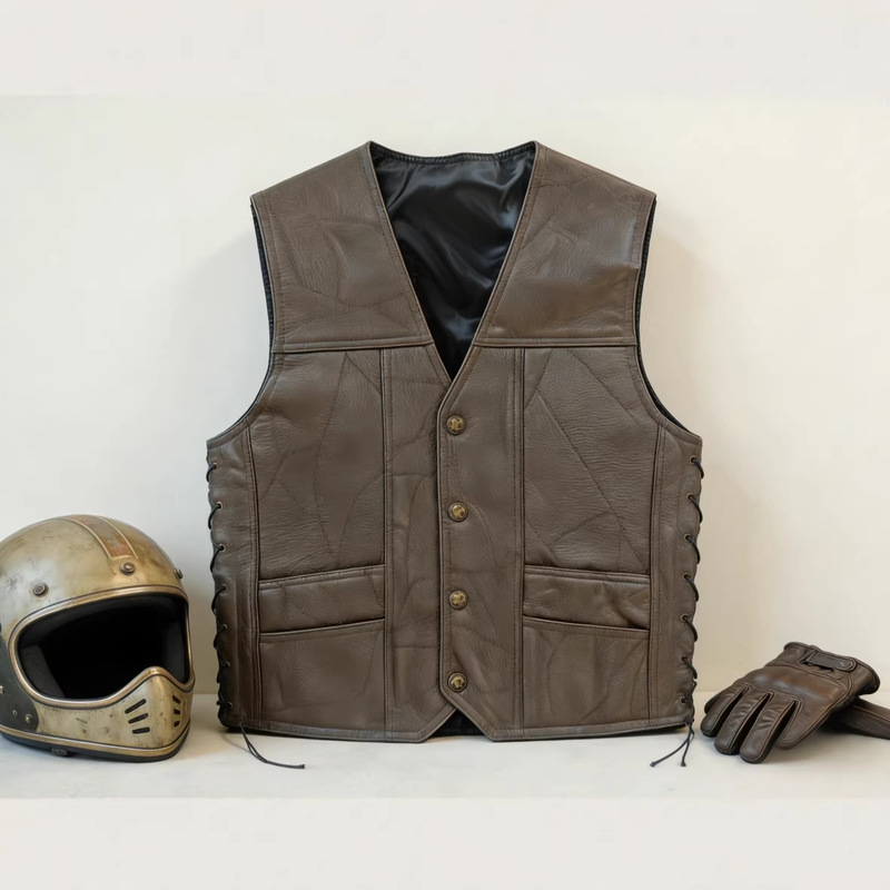 Harley Classic Motorcycle Vest European and American Genuine Leather Vest Waistcoat Riding Vest Brown Pocket Tie Style Harley Classic Motorcycle Vest European and American Genuine Leather Vest Waistcoat Riding Vest Brown Pocket Tie Style