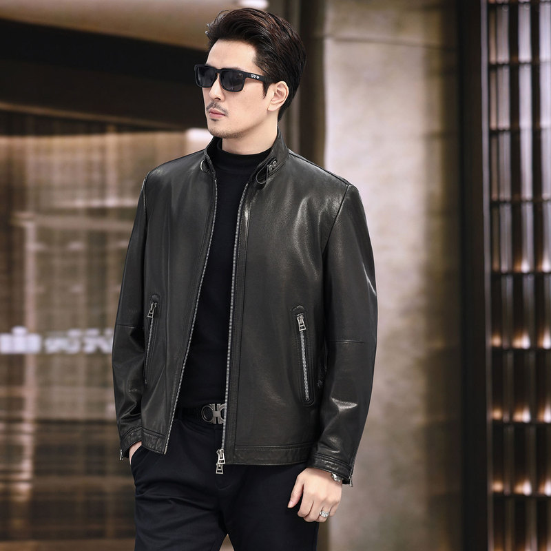 Haining autumn and winter men's outerwear, leather jacket, goat leather, genuine leather, stand-up collar, new style, business casual, fashionable men's clothing Haining autumn and winter men's outerwear, leather jacket, goat leather, genuine leather, stand-up collar, new style, business casual, fashionable men's clothing