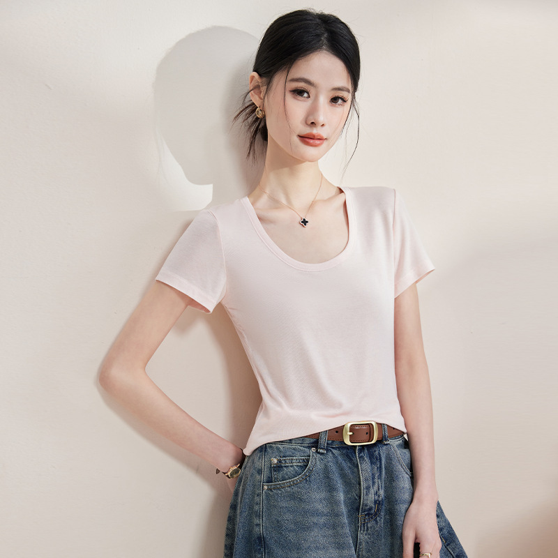 云朵般柔软~190克莱赛尔羊毛醋酸大圆领短袖T恤女2026新款上衣女