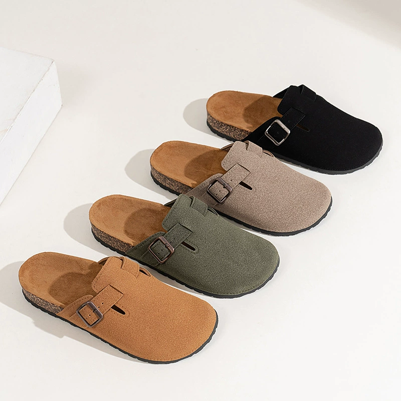 Slip‑on platform beach slippers, buckle detail, lightweight cork‑style footbed, sizes 36–47