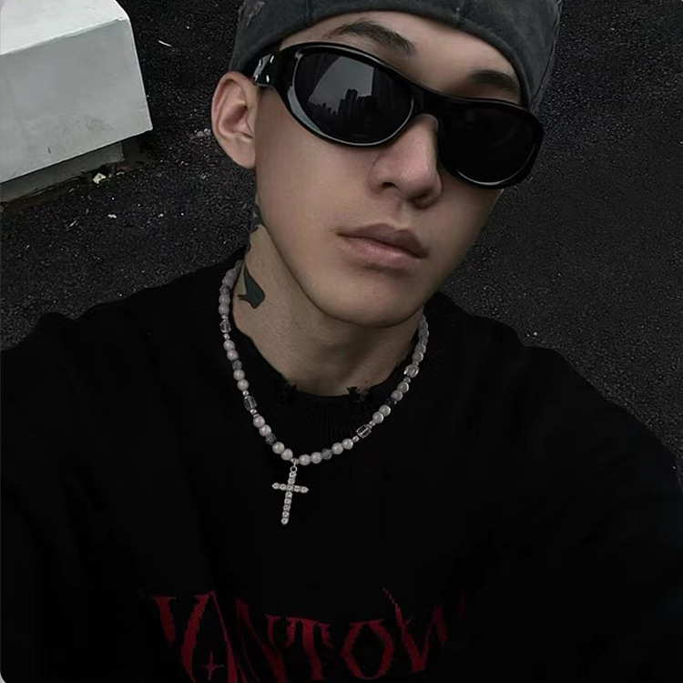 Reflektierende Perlenkette im Kreuzdesign, Herren-Hip-Hop-Stil, Schlüsselbeinkette für Damen_voghion.com