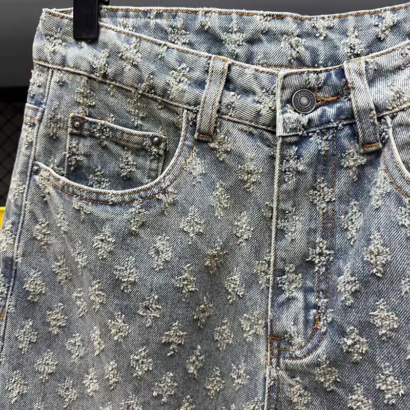 Men's Casual Loose Fit Blue Washed Denim Jeans With Retro Floral Embroidery - Straight Leg Comfortable Trousers For Everyday Wear_mkmklike.com