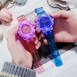 新款夜光儿童手表发光 透明水晶中小学生手表石英表外贸跨境货源