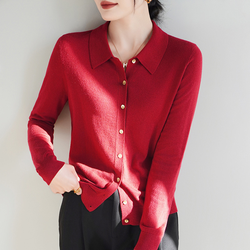 真丝羊绒POLO领针织开衫女士秋冬新款气质超细精纺薄款柔软外套潮|undefined