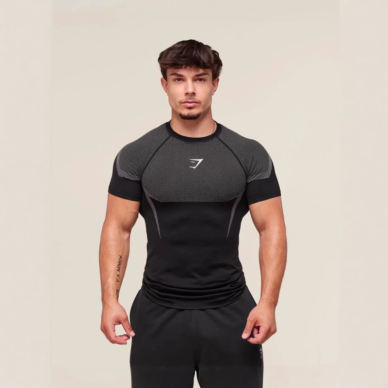 Gym/Onyx Men's T-Shirt Sports Fitness Quick-Drying Breathable Elastic Round Neck Short-Sleeved Tight-Fitting Training Clothes