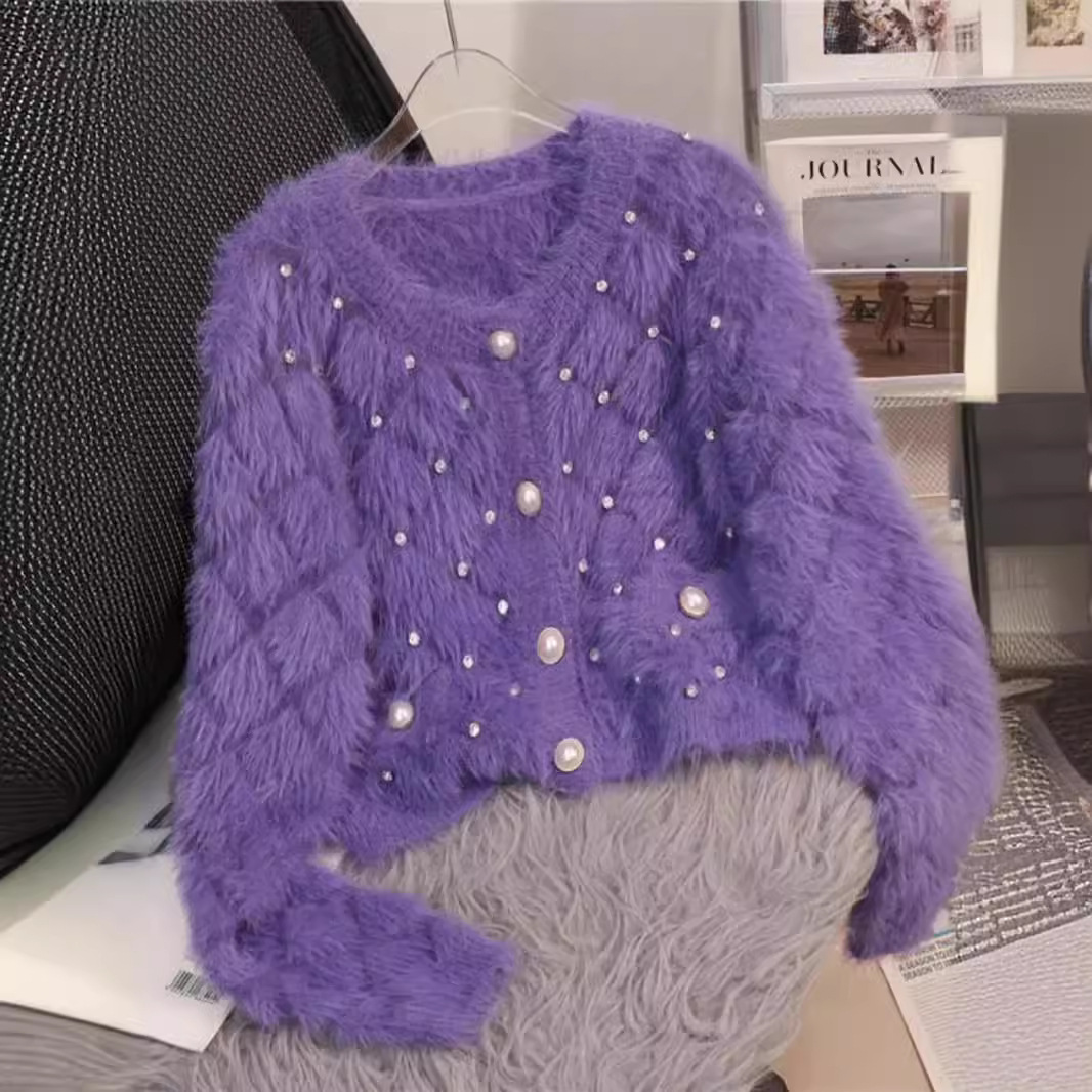 Imitation Mink Velvet Beaded Knitted Cardigan Sweater for Women 2024 Autumn and Winter Korean Style New Round Neck Fashionable Casual Pure Color Top