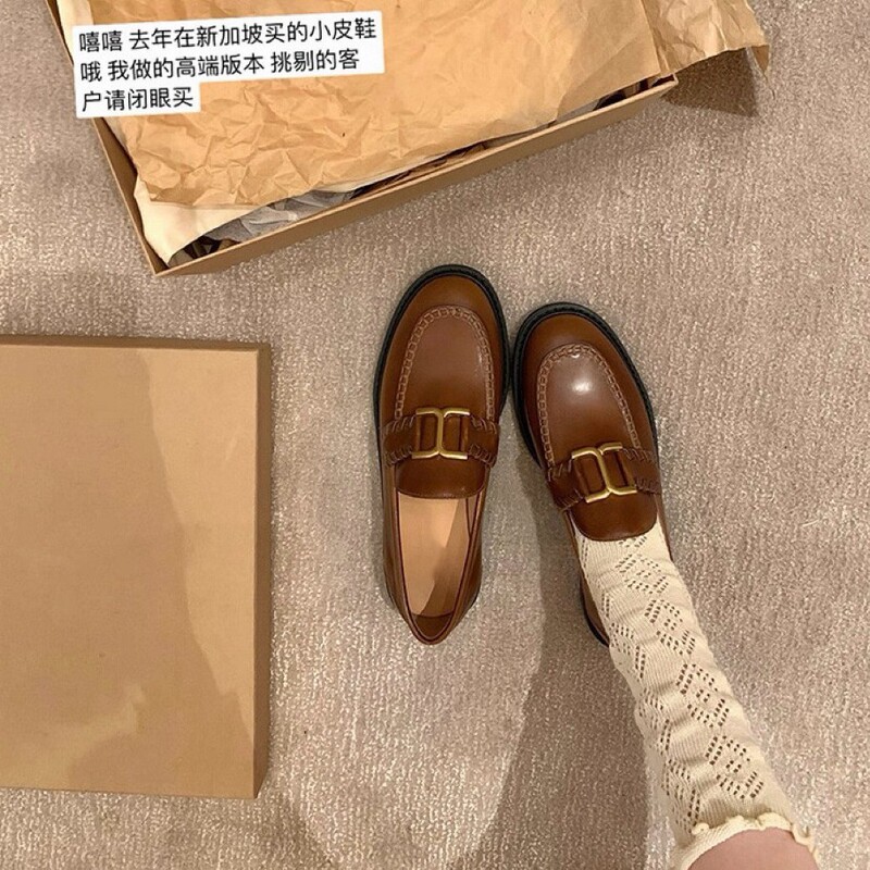 Soft Sheepskin~Genuine Leather Thick-Soled Slip-On Loafers with Gold Buckle for Women, New Retro Round-Toe Chunky Heel British-Style Leather Shoes Soft Sheepskin~Genuine Leather Thick-Soled Slip-On Loafers with Gold Buckle for Women, New Retro Round-Toe Chunky Heel British-Style Leather Shoes