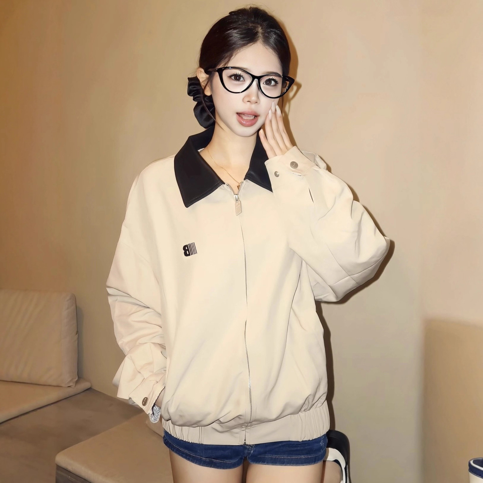 Biii宽松拼接上衣女翻领夹克美式复古秋款百搭撞色情侣棒球服外套