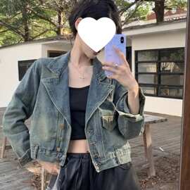 厂家直销复古西装领牛仔外套秋设计感小个子短款显瘦休闲夹