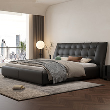 现代简约真皮床轻奢主卧1.8米嵌入式软床新款设计师风黑色双人床