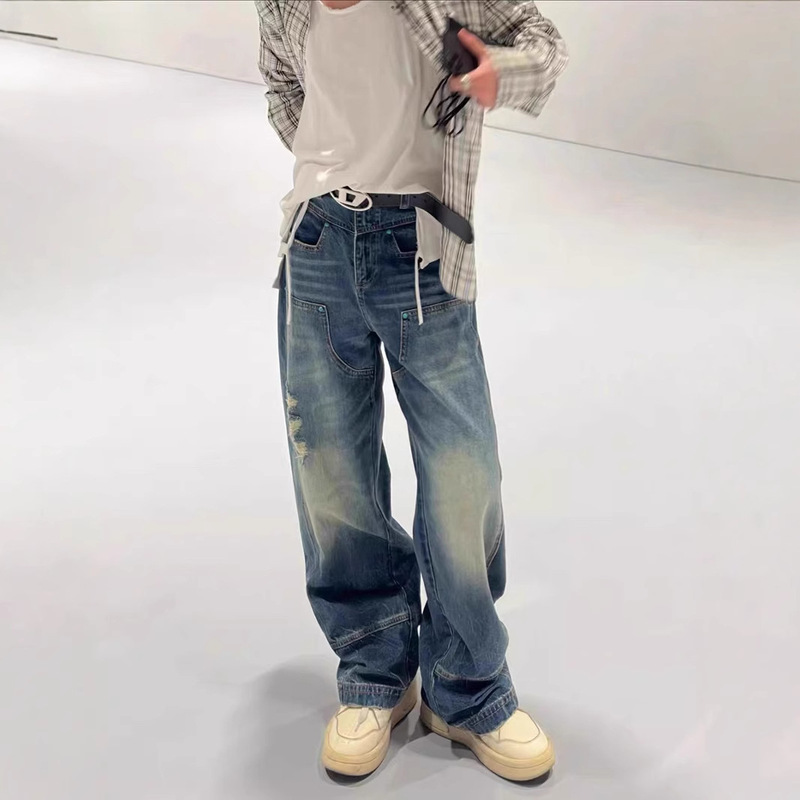 24FW European and American Style Show Washed Destruction Turquoise Jeans Workwear Logging Pants Same