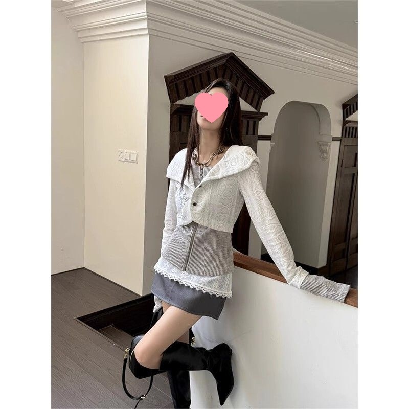 American Retro Patchwork Knitted Hooded Sweatshirt Jacket for Women, Autumn and Winter Style, 2 Spicy Girls Slim Short Top