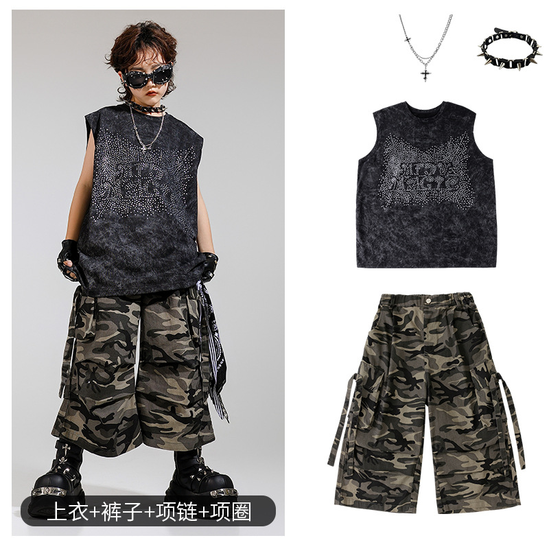 Disfraz de niño de baile callejero para niños, traje de chaleco sin mangas de diamantes calientes para niños guapos