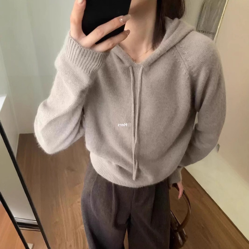 100纯羊毛衫女款抽绳连帽内搭韩系风软糯帽衫打底简约休闲风小衫|undefined