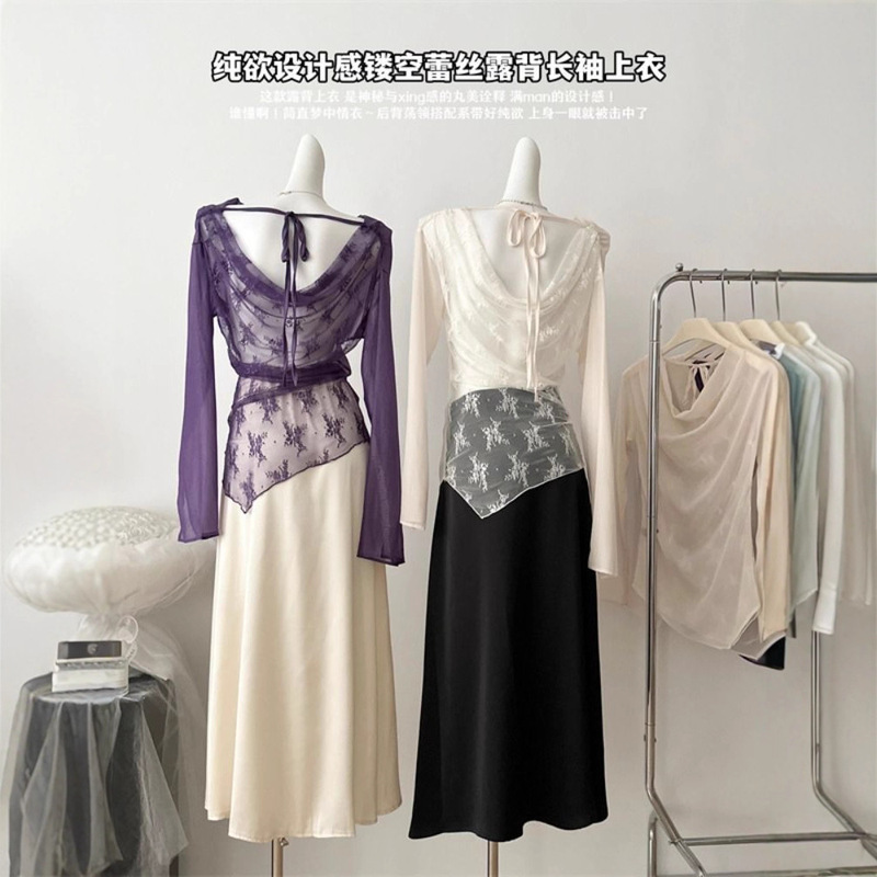 Diamond Wrinkle + Lace Lace Splicing Mesh Slanted Shoulder Long-Sleeved Shirt Women's Summer Purple Shirt Thin Top