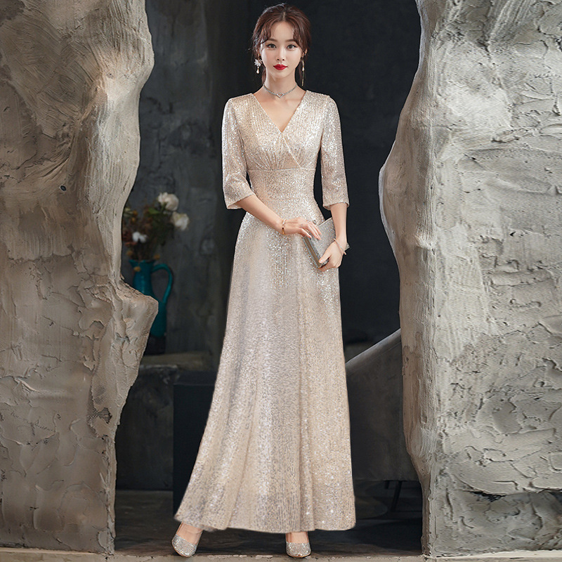 Vestido de noche de lentejuelas de champán para mujer, lujo ligero de alta gama, madre de nicho, anfitrión de banquete de bodas, falda de cola de pez, pequeño
