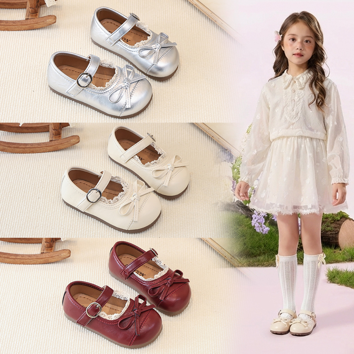 Zapatos de cuero de encaje 2026 primavera y otoño nuevos zapatos de princesa de arco de niñas con suela suave, zapatos de una sola boca superficial de Mary Zhen