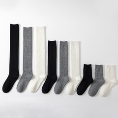 純色菱形羊絨過膝襪女秋冬季羊毛小腿襪子羊絨中筒防滑保暖大腿襪