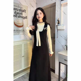 甜美少女风蝴蝶结假两件拼接连衣裙女学生秋冬季收腰显瘦超仙长裙