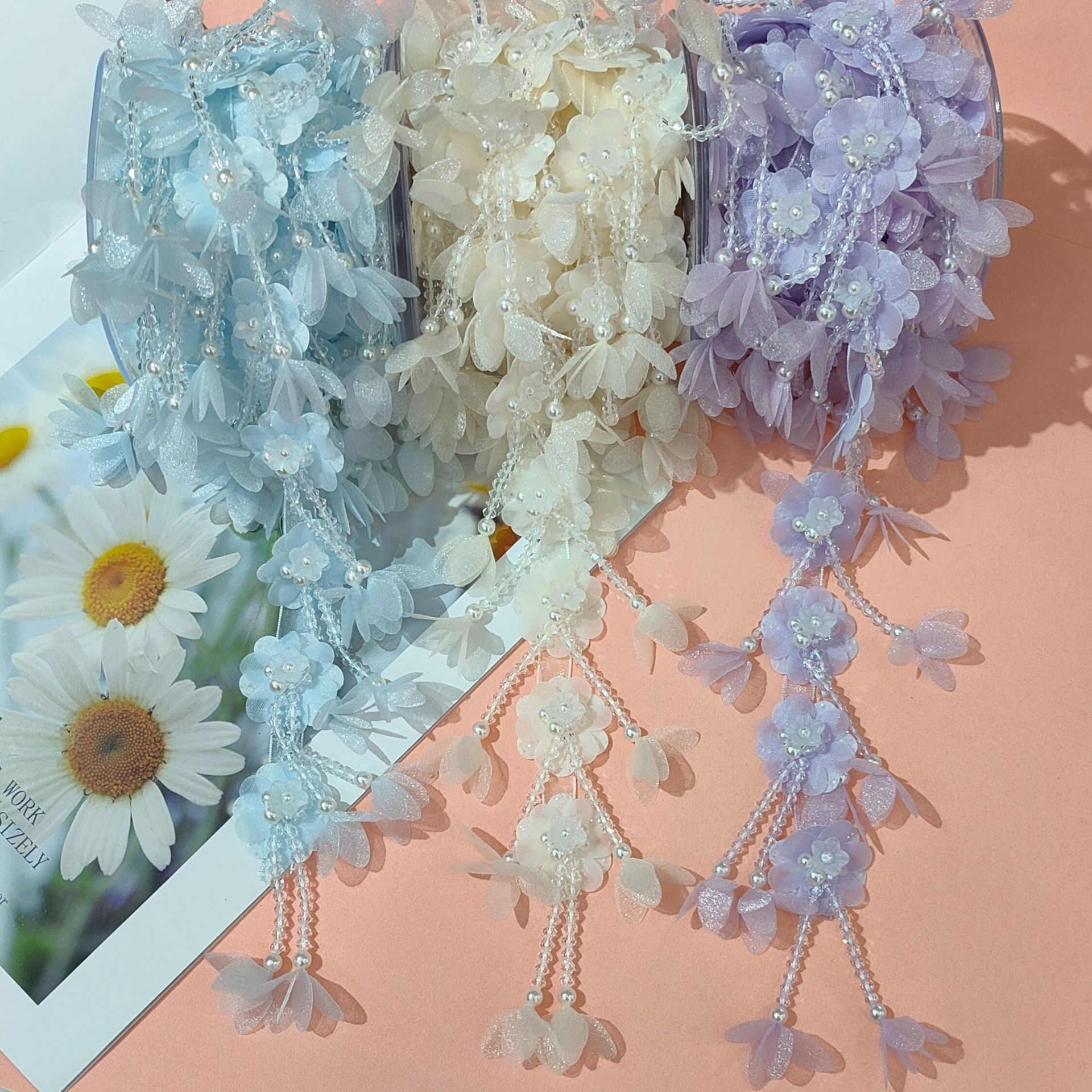 甜美少女流苏耳饰小花水晶珍珠花橞网纱布贴 diy发饰汉服鞋花饰品