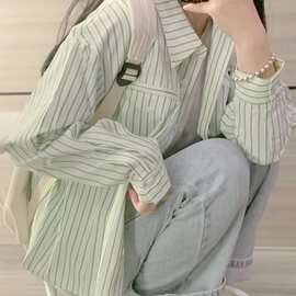 法式条纹衬衫女2023春秋款宽松日系复古小个子港风设计感小众上衣