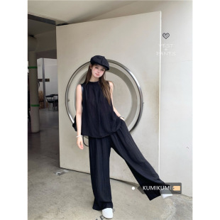 Relaxation Wearing suit Women's Loose Sleeveless Vest Summer High Waist Draped Trousers Straight Leg Pants Casual Two-piece Set