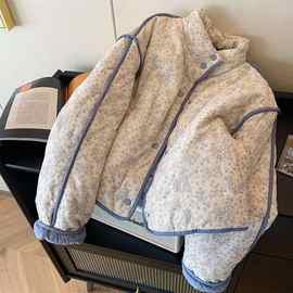 蓝色小碎花灯芯绒拼接棉服外套女2025冬季新款保暖慵懒风韩版上衣