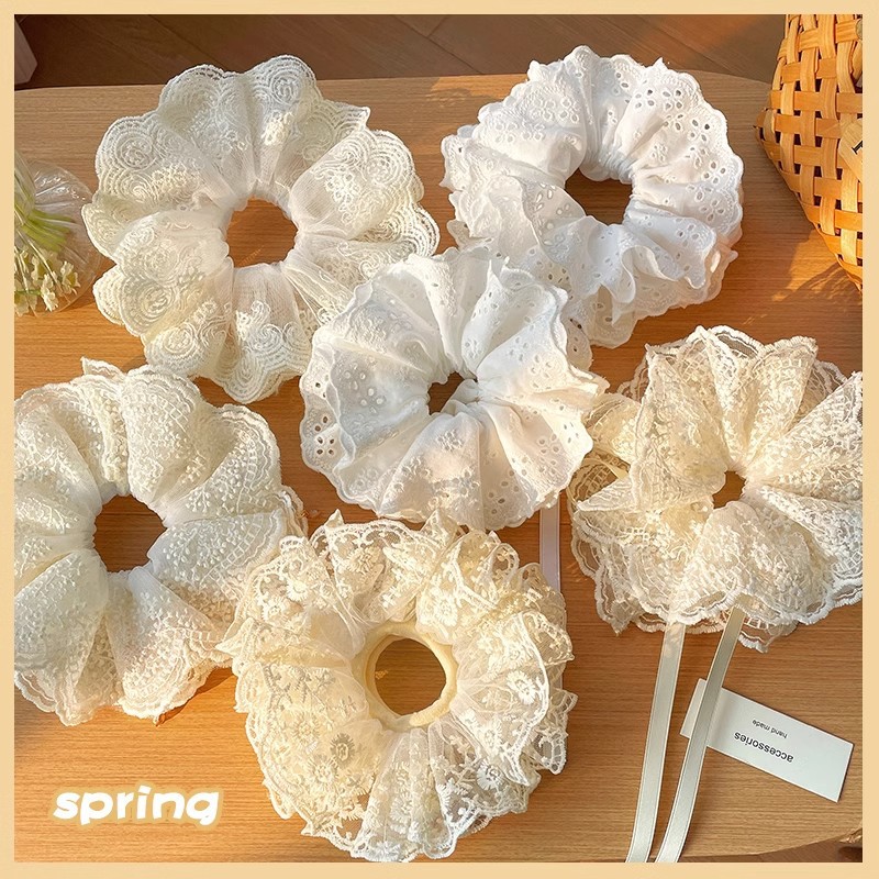 Serie de lazo para el cabello de intestino grueso de encaje blanco, cuerda para la cabeza de alta calidad de primavera y verano de gran tamaño, bola en la parte posterior de la cabeza, tocado de cuerda para el cabello