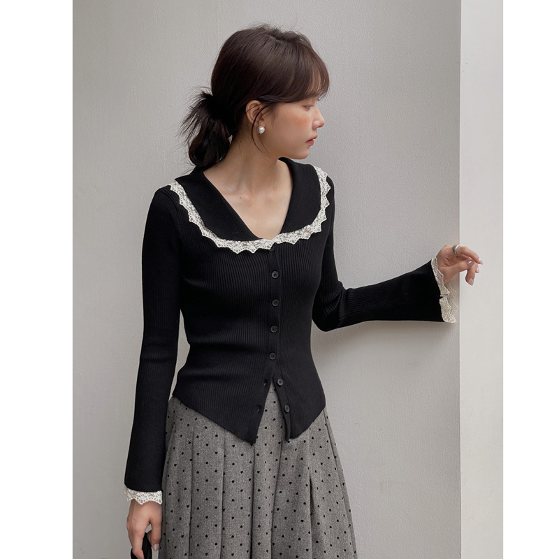 [Moonlight Melody] Heavy-Duty Patchwork Knit in 4 Colors - Gengming French Retro Lace Spring Cardigan N257B