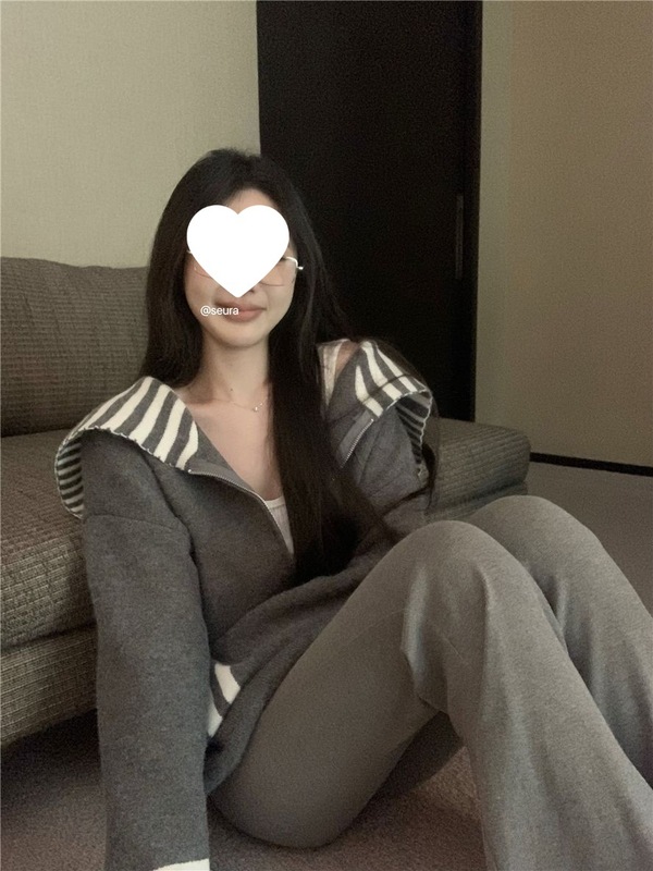 撞色条纹海军领长袖毛衣外套女冬季复古慵懒针织开衫宽松拉链上衣|undefined