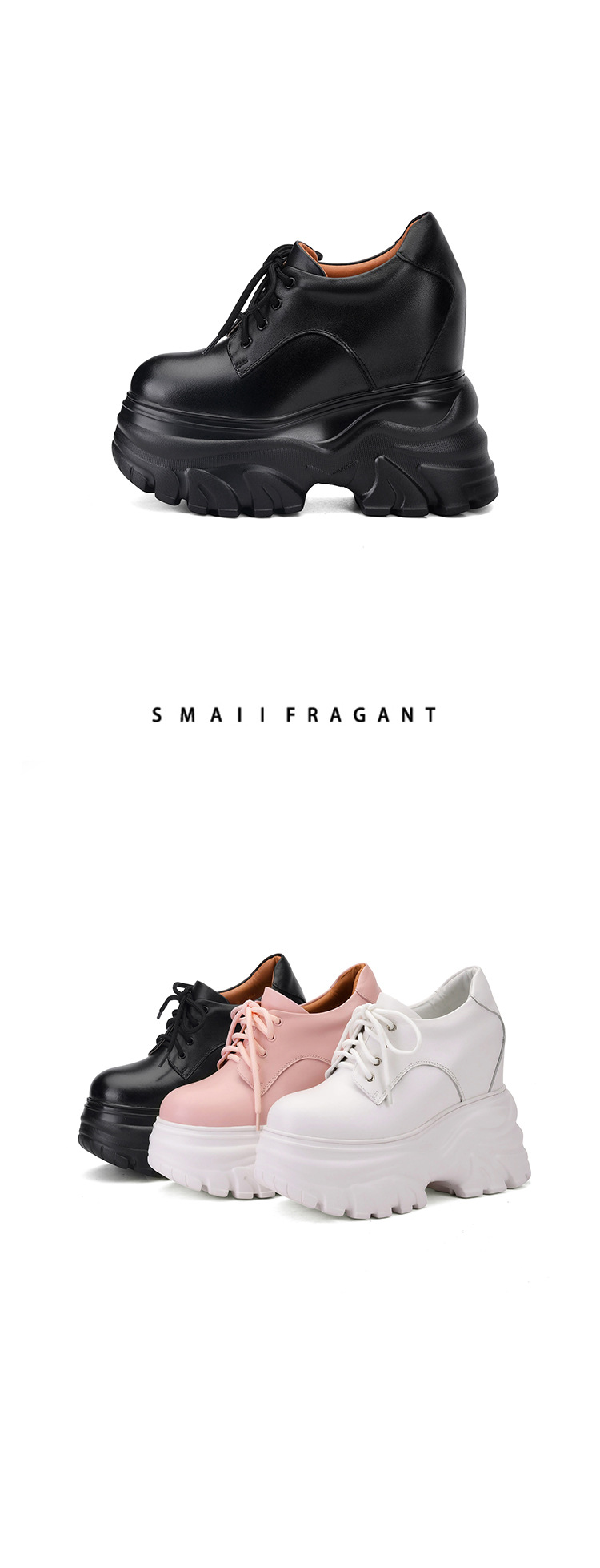 Giày sneaker nữ đế dày tăng chiều cao 12cm dây buộc da thật — Màu đen chi tiết 9