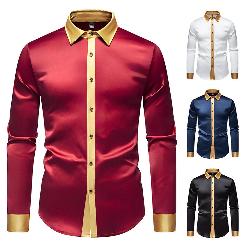 Amazon's New Men's Satin Silky Color-Blocked Long-Sleeved Shirt A393P50
