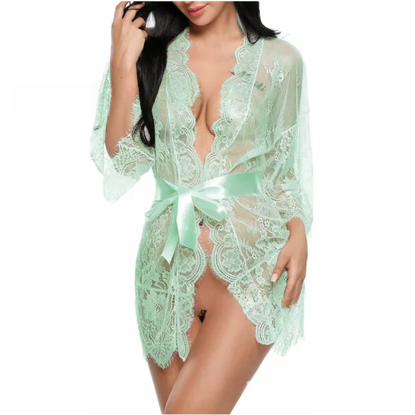 2026 European and American Style Sexy Lace Kimono Robe Doll Outfit Lingerie Mesh Nightgown S-5Xl