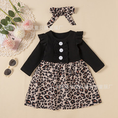 2021 Spring and Autumn New Children's Wear Baby Onesie with Long Sleeve Leopard Print Dress, Printed Dress with Hairband Set