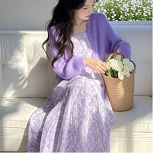 春季温柔风穿搭套装女2026新款小众简约开衫上衣碎花连衣裙两件套