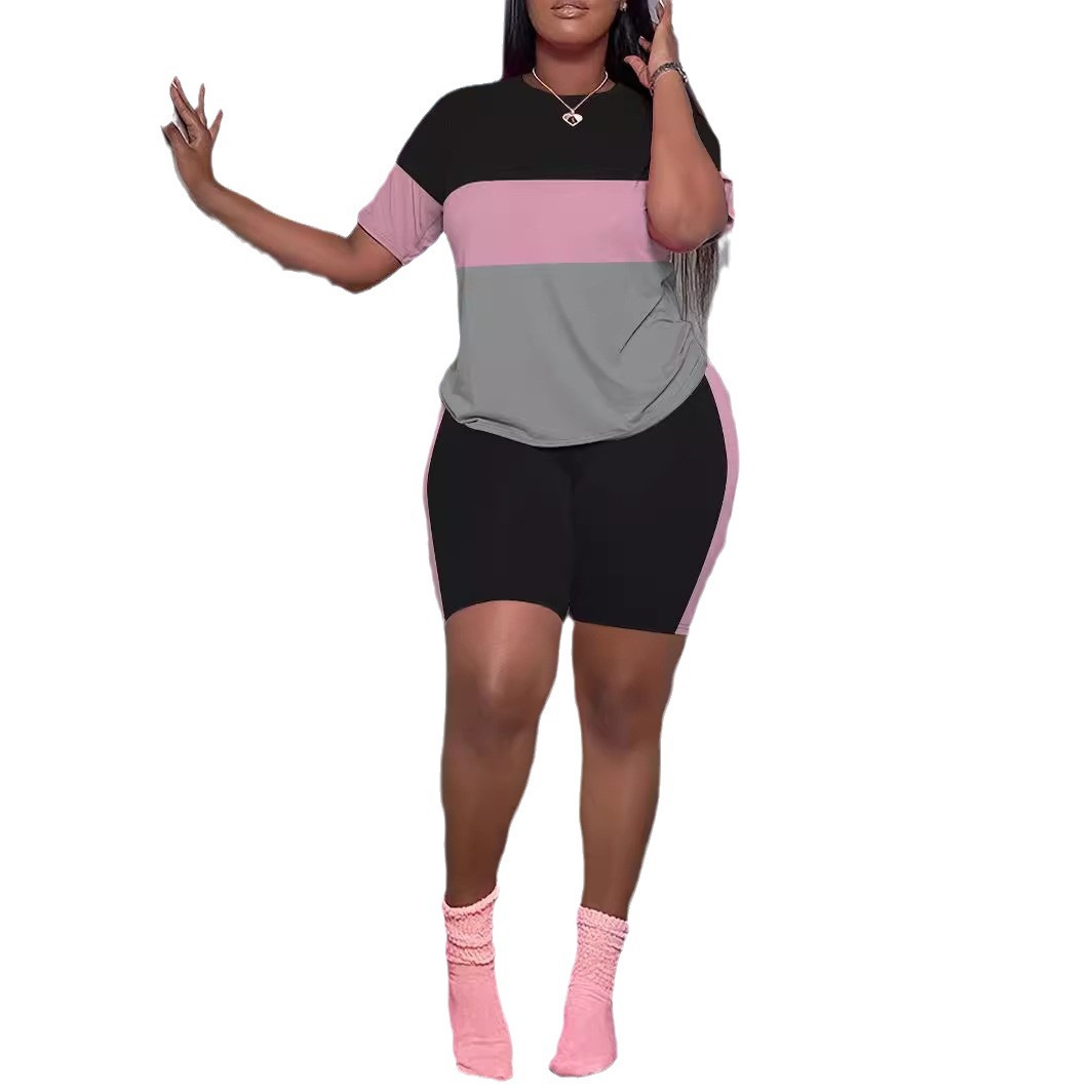 Women's Color Block Crew Neck Summer Fashion Two-Piece Ensemble T-Shirt And Shorts Set Short Sleeve plus Size Available_voghion.com