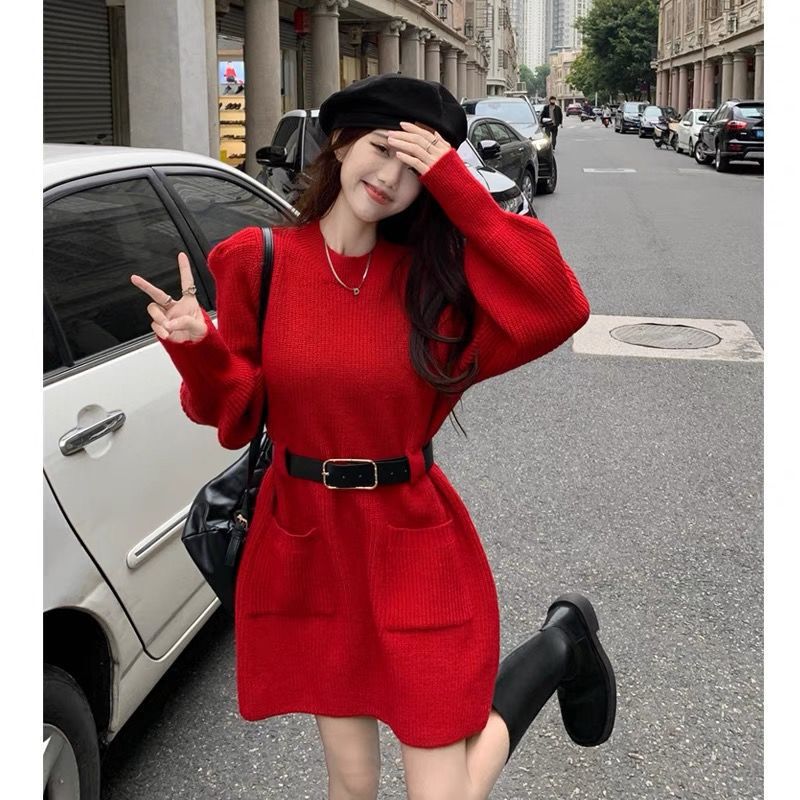 秋冬小个子收腰网红韩版别致加厚针织连衣裙打底内搭毛衣裙子|undefined