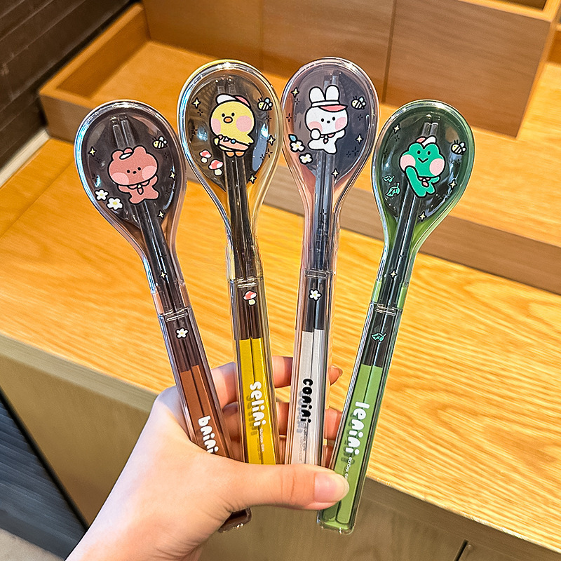 ステンレス箸とスプーンセット 小学生用テーブルスプーン 携帯用食器収納ボックス 1人1本箸 仕事用新スタイル|undefined