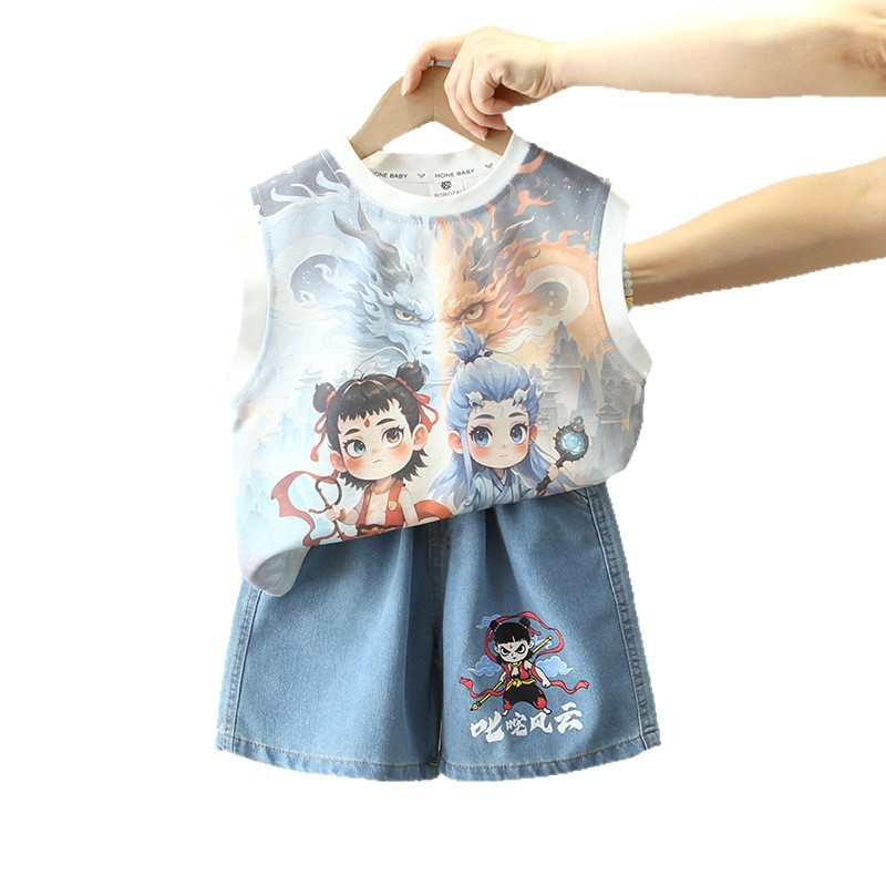 8197 Nezha traje sin mangas de verano para niños 2025 nuevo chaleco delgado de moda para niños de dos piezas para bebés